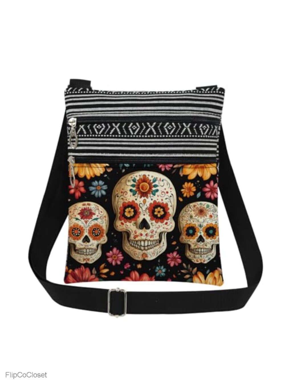 Sugar Skull Floral Crossbody Bag Day of the Dead Adjustable Strap Polyester